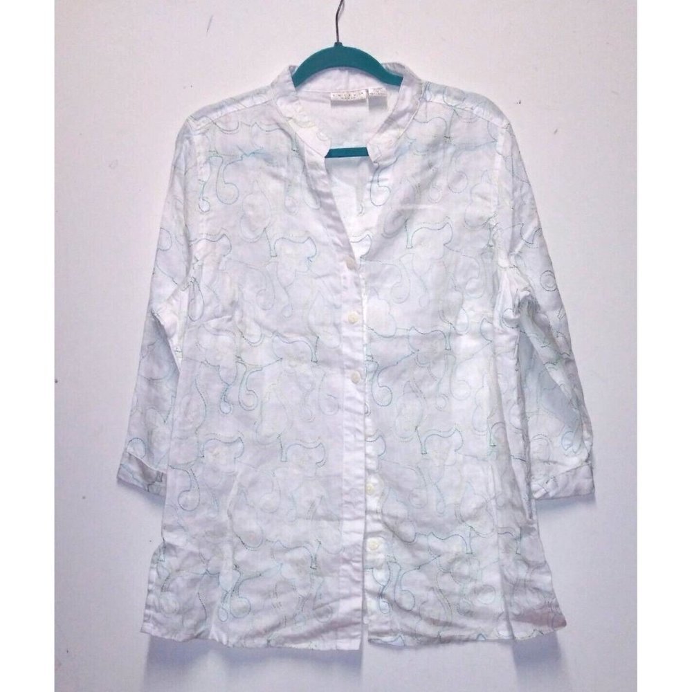 Tweeds 100% Linen Shirt Top Womens 1X White embroidered button up collared 3/4